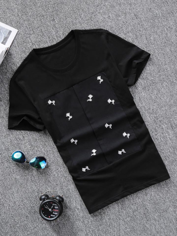 Romwe Men Flower Embroidery Tee