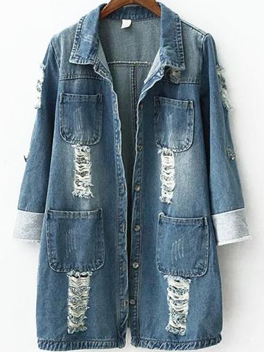 Romwe Lapel Ripped Pockets Denim Coat