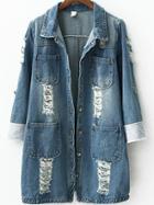 Romwe Lapel Ripped Pockets Denim Coat