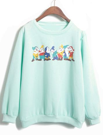 Romwe Seven Dwarfs Print Loose Green Sweatshirt