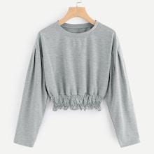 Romwe Ruffle Trim Hem Solid Crop Sweatshirt