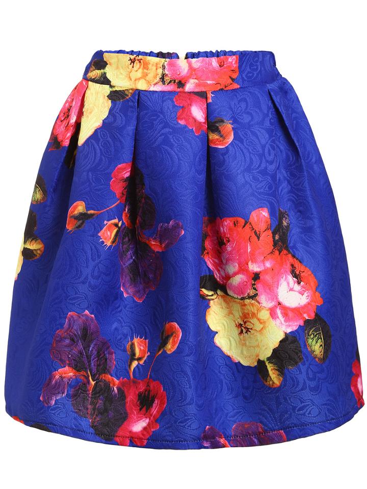 Romwe Bloom Print Box Pleat Skirt - Royal Blue