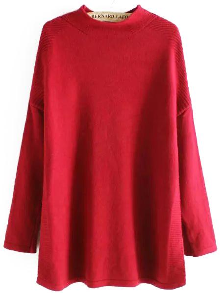 Romwe Mock Neck Dropped Shoulder Seam Split Side Red Sweater
