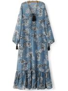 Romwe Blue Tie Neck Tassels Flowers Print Maxi Dress