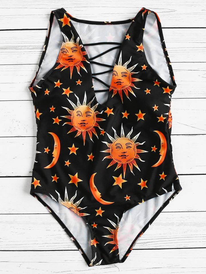 Romwe Graphic Print Criss Cross Front Swimsuit