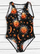 Romwe Graphic Print Criss Cross Front Swimsuit