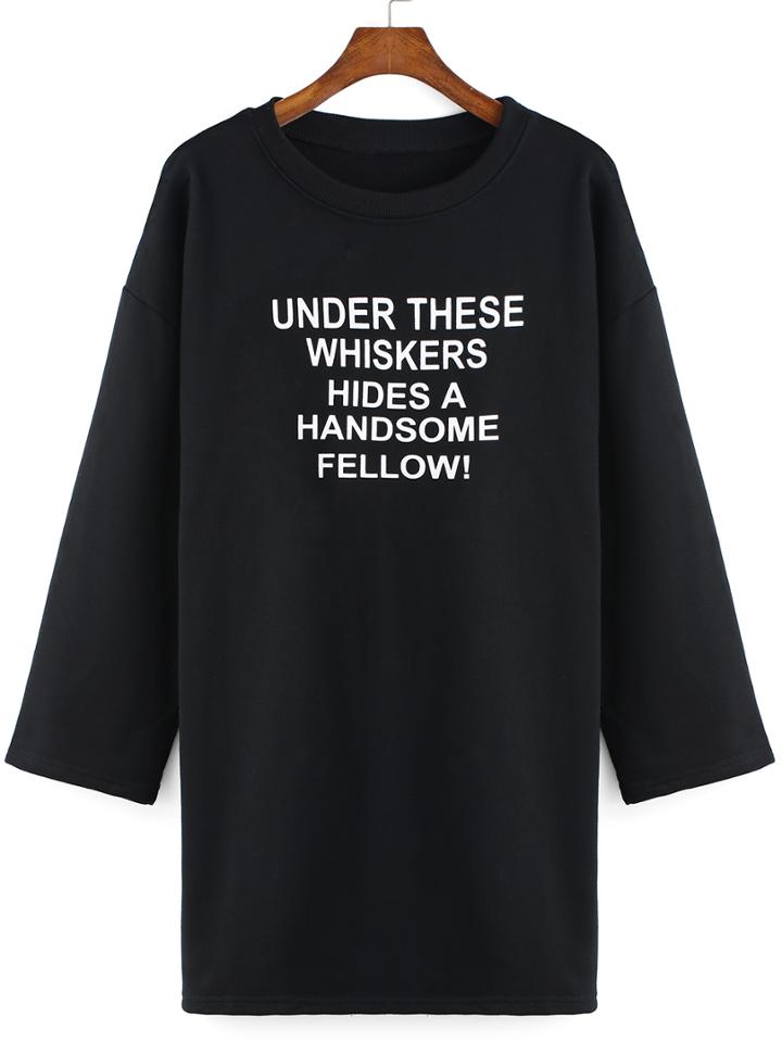 Romwe Letter Print Long Black Sweatshirt