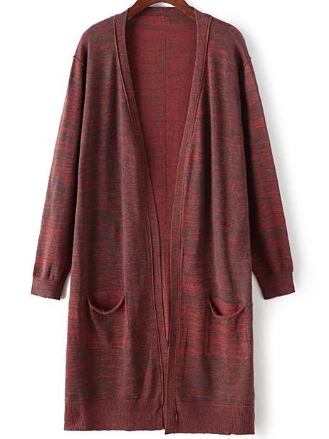 Romwe Split Long Burgundy Cardigan With Pockets