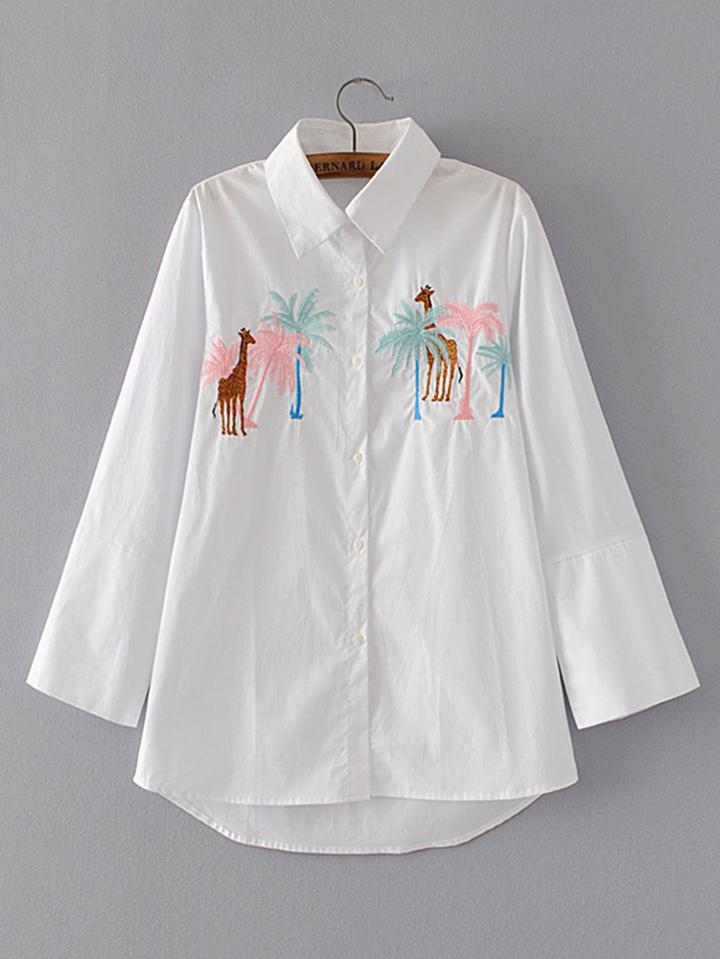 Romwe Giraffe Embroidery High Low Blouse