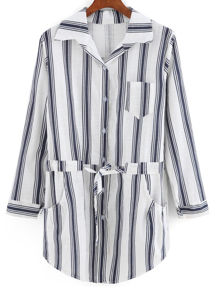 Romwe Lapel Vertical Striped Self-tie Pocket Blouse