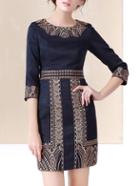 Romwe Navy Jacquard Embroidered Sheath Dress