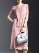 Romwe Pink Embroidered Pockets Linen Shift Dress