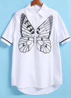 Romwe White Lapel Bead Embroidered Dip Hem Blouse