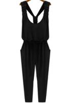 Romwe Strap Slim Pockets Black Jumpsuit