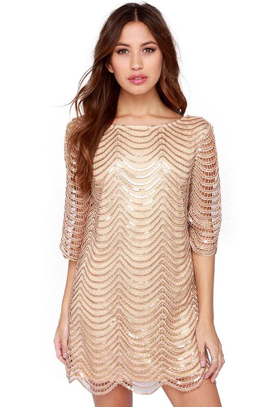 Romwe Half Sleeve Hollow Bodycon Gold Dress