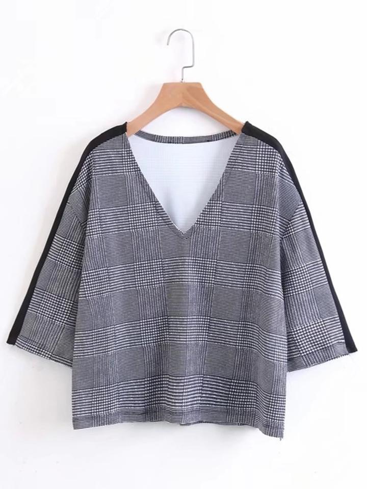 Romwe Drop Shoulder V Neckline Gingham Blouse