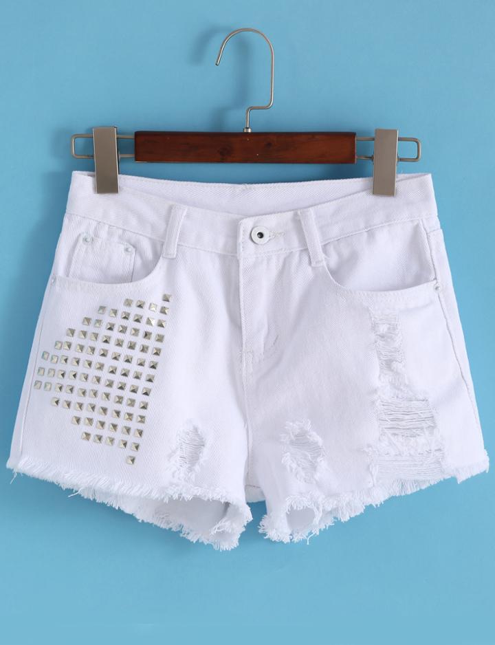 Romwe With Rivet Ripped Fringe Denim White Shorts
