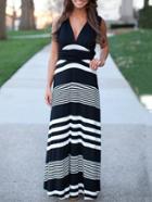 Romwe Deep V Neck Striped Maxi Dress
