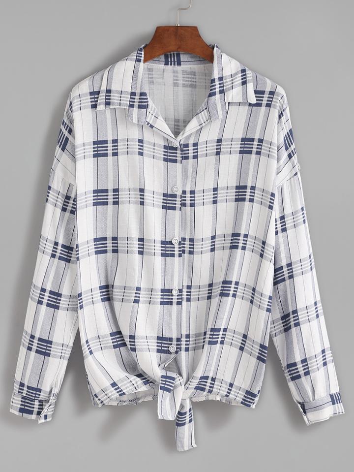 Romwe Blue Plaid Tie Front Drop Shoulder Seam Blouse