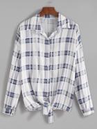 Romwe Blue Plaid Tie Front Drop Shoulder Seam Blouse