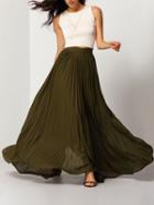 Romwe Army Green Pleated Maxi Skirt