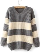 Romwe V Neck Striped Loose Grey Sweater