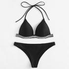 Romwe Striped Hem Triangle Bikini Set