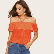 Romwe Halter Off Shoulder Ruffle Trim Marled Top