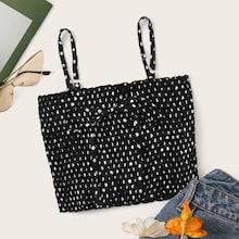 Romwe Polka Dot Shirred Tie Front Cami Top