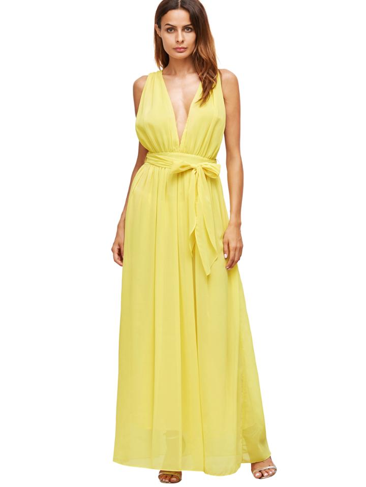 Romwe Yellow Deep V Neck Self Tie Waist Maxi Dress