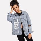 Romwe Denim Patch Chest Ripped Jacket