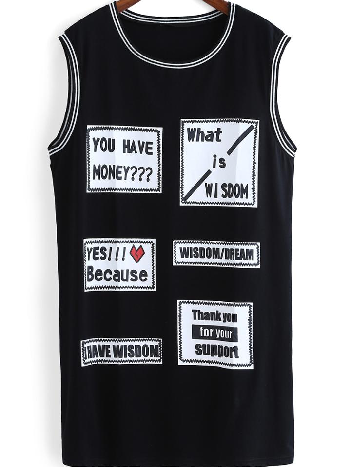 Romwe Letter Print Black Tank Top