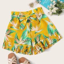 Romwe Leaf Print Pleated Hem Belted Shorts