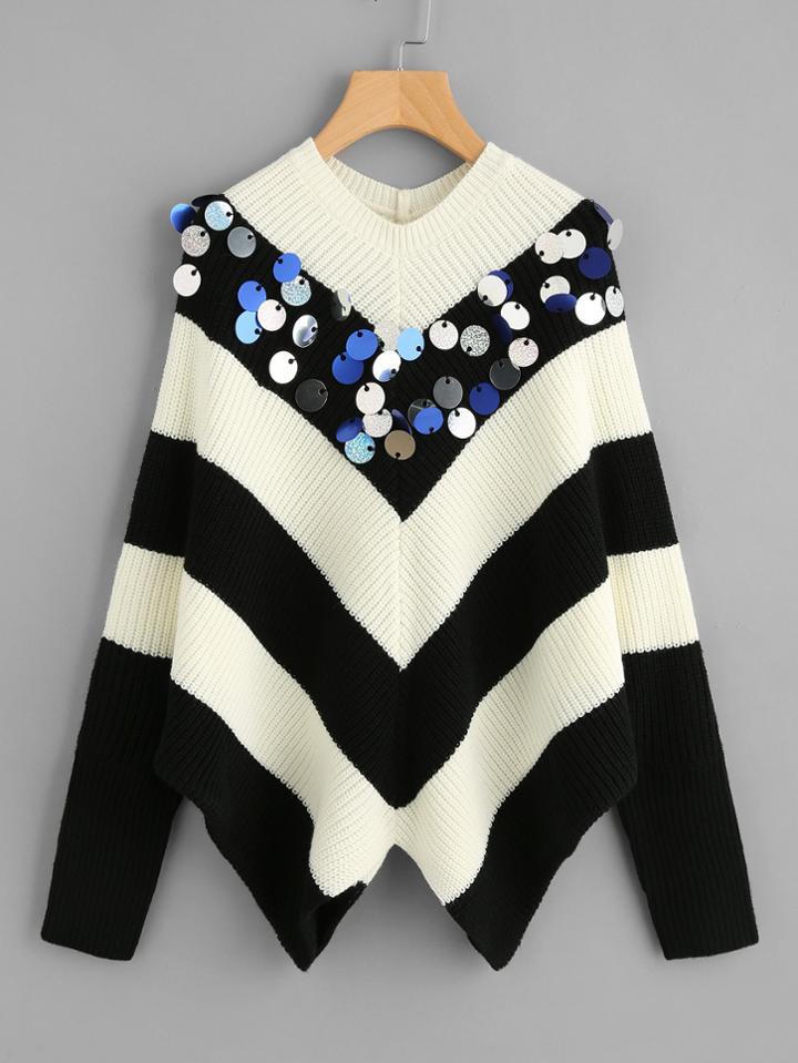 Romwe Sequin Detail Hanky Hem Contrast Chevron Jumper