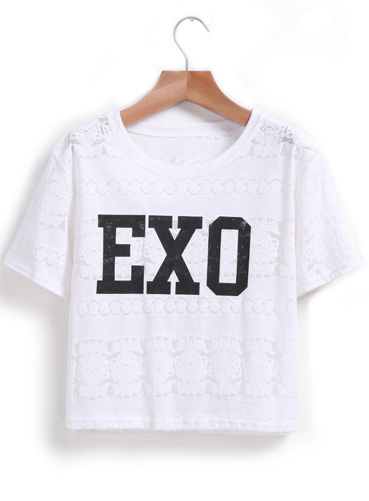 Romwe Round Neck Letter Print Lace T-shirt