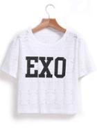 Romwe Round Neck Letter Print Lace T-shirt