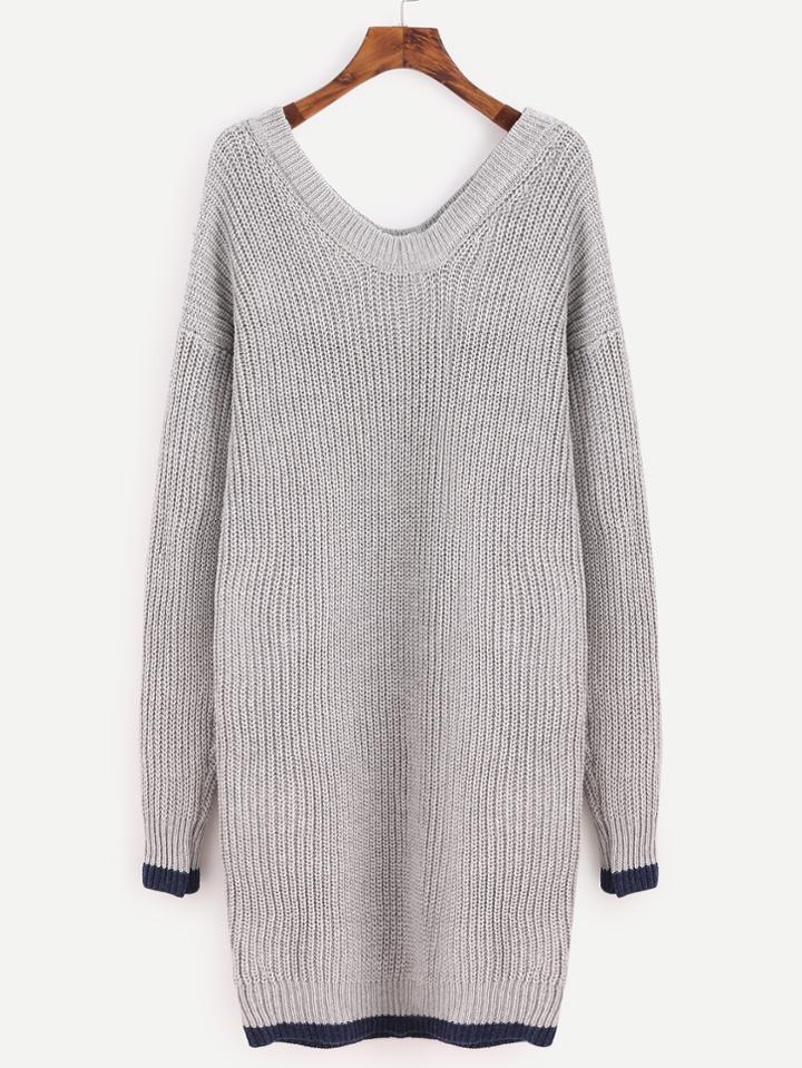 Romwe Grey Contrast Trim Double V Neck Sweater Dress
