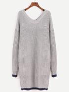 Romwe Grey Contrast Trim Double V Neck Sweater Dress
