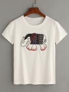Romwe White Embroidered Elephant Patch T-shirt