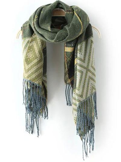 Romwe Tribal Print Tassel Army Green Scarf