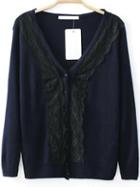 Romwe Lace Paneled With Buttons Navy Cardigan