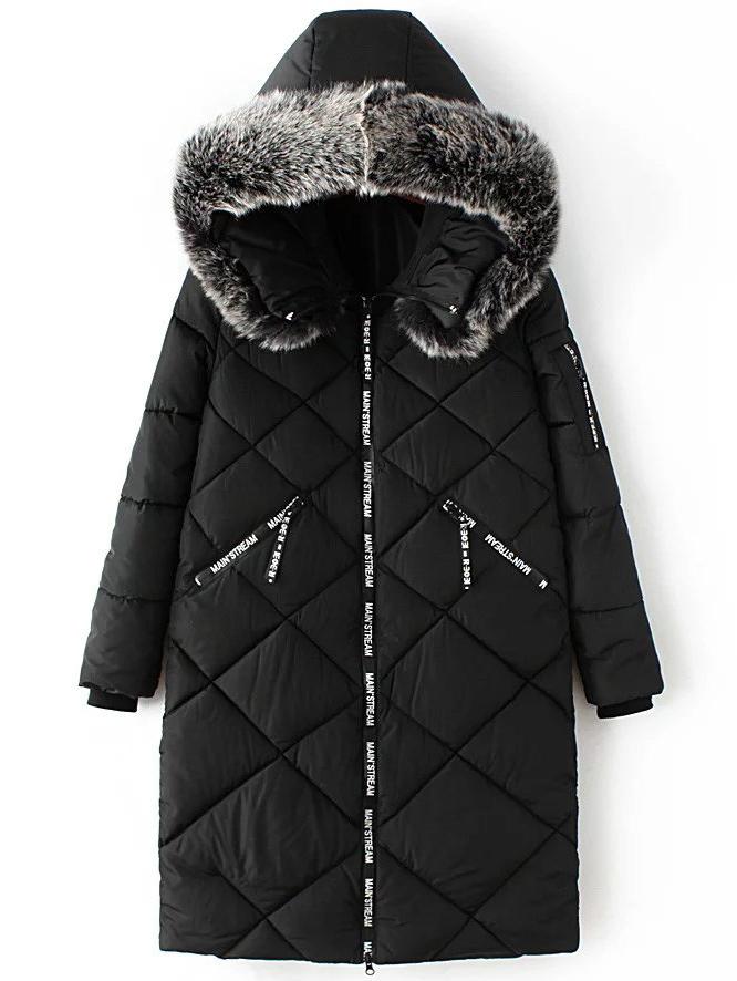 Romwe Black Diamond Padded Coat With Faux Fur Hooded