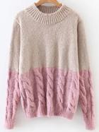 Romwe Khaki Color Block Cable Knit Sweater