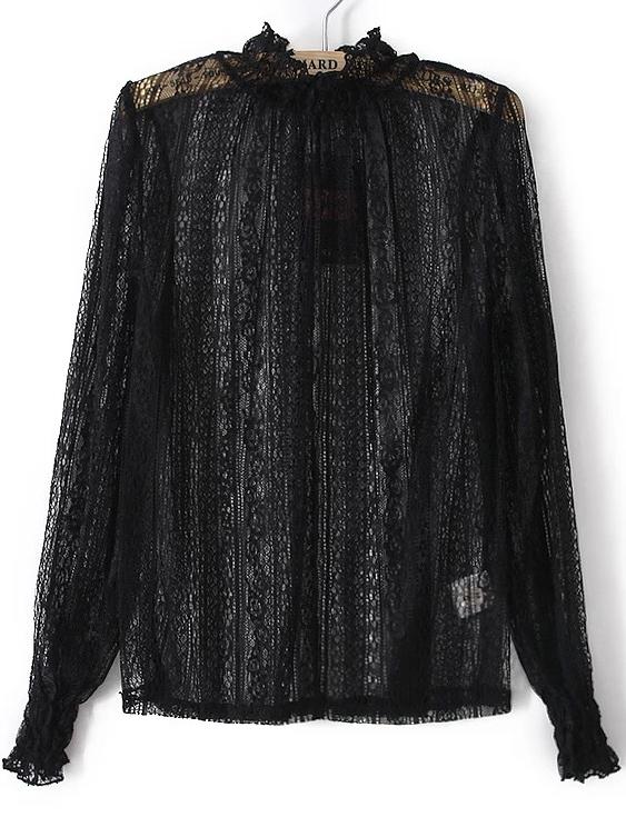 Romwe Black Long Sleeve Sheer Lace Blouse