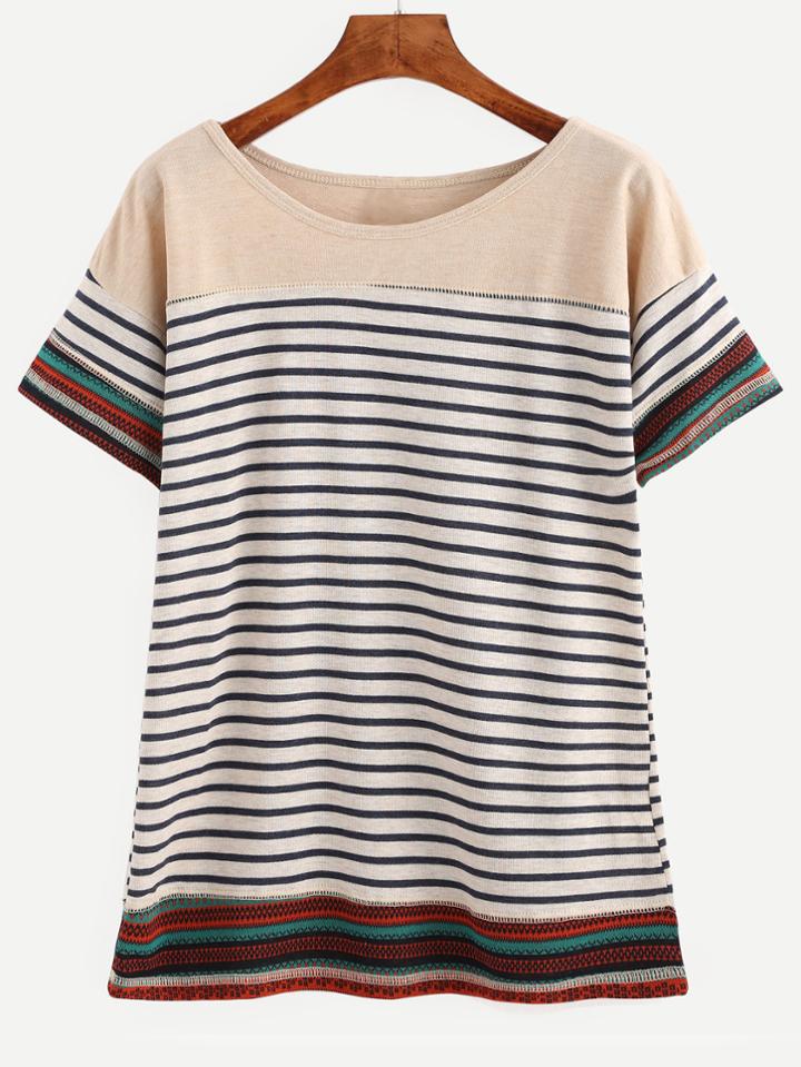 Romwe White Tribal Trim Striped T-shirt