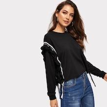 Romwe Ruffle Trim Tape Panel Sweatshirt