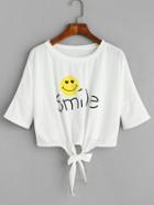 Romwe White Smiley Face Print Tie Front T-shirt