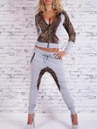 Romwe Hooded Leopard Zipper Top With Drawstring Pant