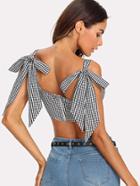Romwe Self Tie Shoulder Zip Back Gingham Crop Top