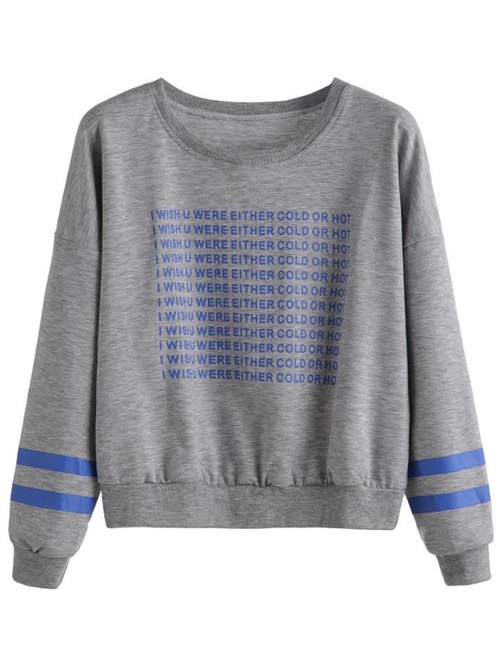 Romwe Grey Slogan Print Varsity Striped Drop Shoulder Sweatshirt